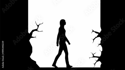 Person walking out of a cracked wall with bare tree branches silhouette