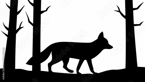 Silhouette of a fox walking through a forest with bare trees at dusk wildlife scene