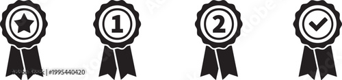 Collection of award ribbons and badges with star number 1 number 2 and checkmark icons representing achievement and quality for design projects