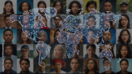 Diverse global population with world map overlay perfect for real estate and architectural showcases