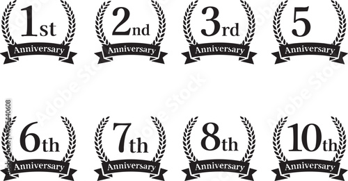 Collection of anniversary badges with laurel wreaths and ribbons representing milestones from 1st to 10th ideal for celebration design and event branding
