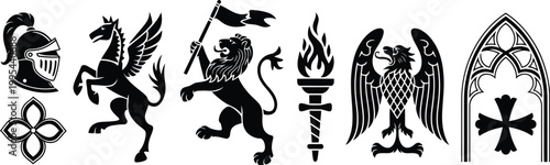 Medieval heraldic fantasy beasts vector set featuring linocut style magic dragon print, engraving mythology animal silhouettes, royal knight European folklore illustration, griffin, lion, 