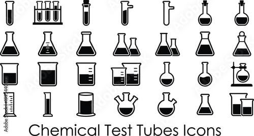 Collection of various black and white laboratory glassware icons