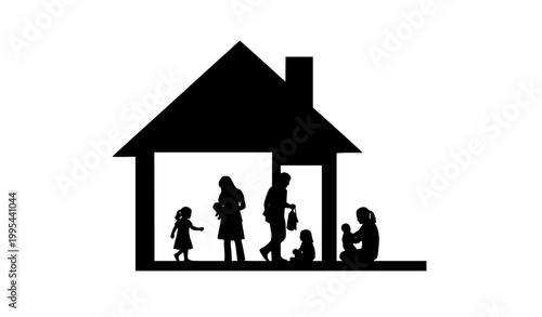 Family daily life inside house silhouette vector with parents and children activity scene for lifestyle concept