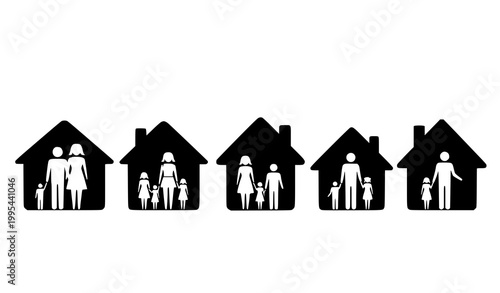Diverse family silhouettes with children in different house shapes vector set for community housing concept