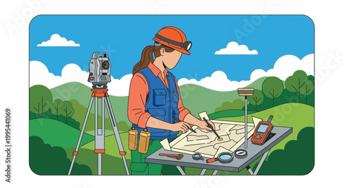 A surveyor uses specialized equipment to map land and record measurements