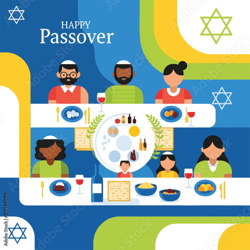 Schilderij op canvas A vibrant illustration of a diverse family gathered around a Passover table