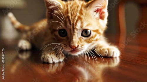 Adorable Kitten Poses on a Shiny Wooden Table, Cute Cat.