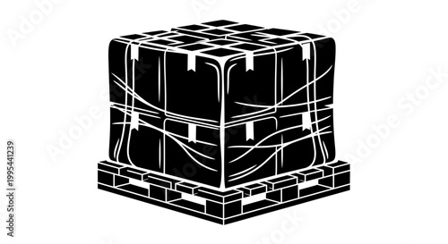 A black and white vector graphic illustration of a wrapped pallet