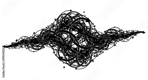 A black and white vector graphic illustration of a chaotic swirling arrow design