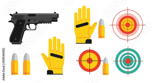 Firearm ammunition and target practice elements in a flat vector style