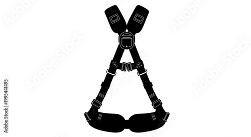 A minimalist vector graphic of a black safety harness on a white background