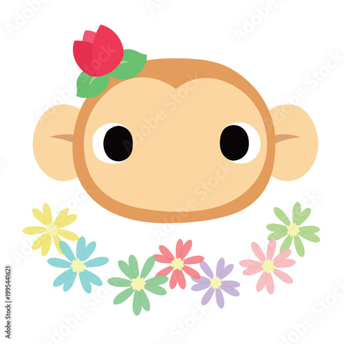 可愛いサルのマーク　春のチューリップ