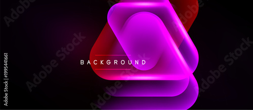 Abstract neon shapes overlap, creating vibrant gradients. Dark background emphasizes glowing purple, red elements. Modern design.