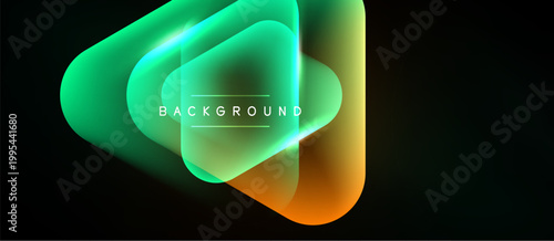 Abstract layers overlap, creating vibrant green, yellow, orange glow. Dark background emphasizes luminous shapes, modern design element.