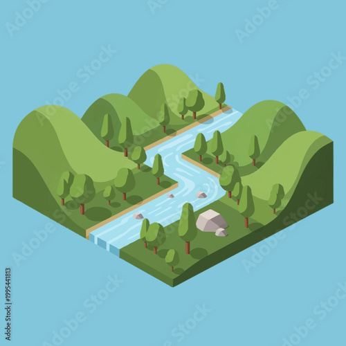 Foto Isometric illustration of a serene landscape with a river flowing through green hills