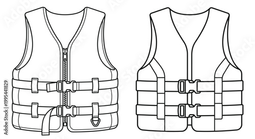Black and white illustration of two life vests front and back views