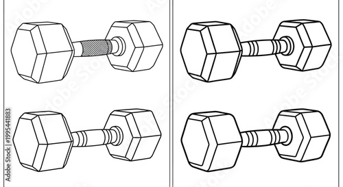 Line art illustration of dumbbells in various orientations