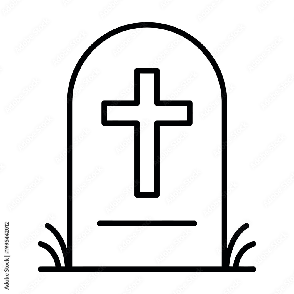Fototapeta premium Minimalist Gravestone Icon with Cross and Grass Vector Illustration for Cemetery and Memorial Design