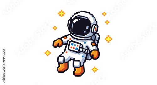 Astronaut floats in space with pixel art style and vibrant orange stars wearing white spacesuit