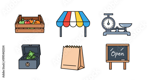 Collection of six flat icons depicting street market stall items including produce crate colorful awning scale cash box paper bag and open sign on white background