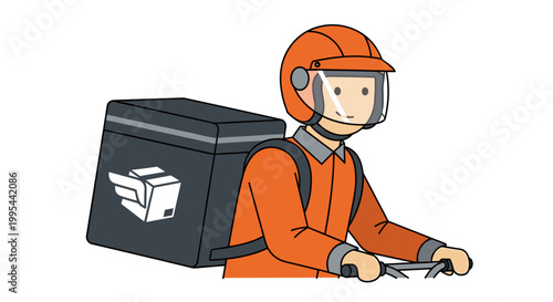 Flat illustration of a smiling delivery person wearing an orange uniform and helmet riding a scooter with a large insulated black delivery box on their back symbolizing fast