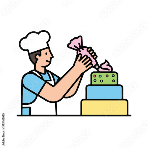 Baker decorating colorful tiered cake with pink frosting