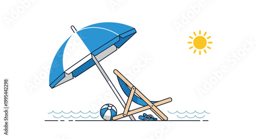 Seaside relaxation scene with blue beach chair umbrella and ball on sunny day by ocean waves