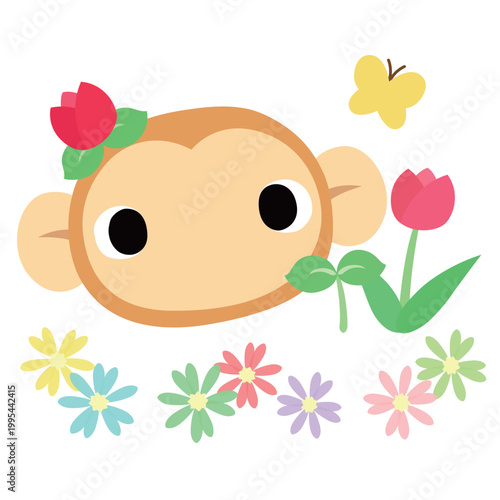 可愛いサルのマーク　春のチューリップ