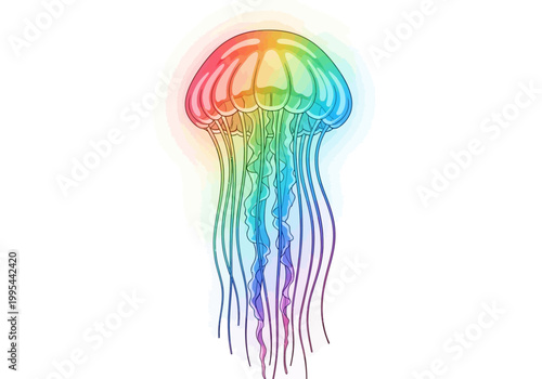 Vibrant Rainbow Jellyfish Outline on White Background.