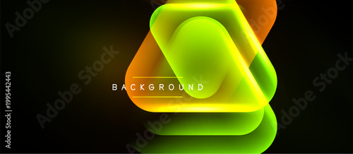 Abstract neon shapes overlap, creating vibrant glow effect. Dark background emphasizes bright colors, modern design element.