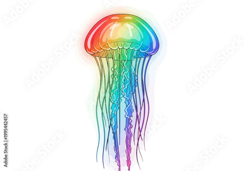 Vibrant Rainbow Jellyfish Swimming Gracefully in Ocean Waters.