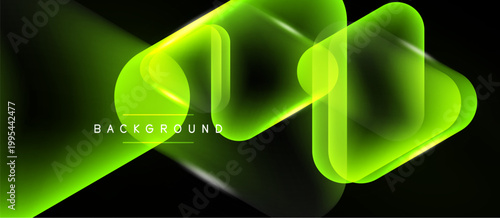 Abstract neon lines overlap creating dynamic glowing shapes. Dark background emphasizes bright green illumination, modern design element.
