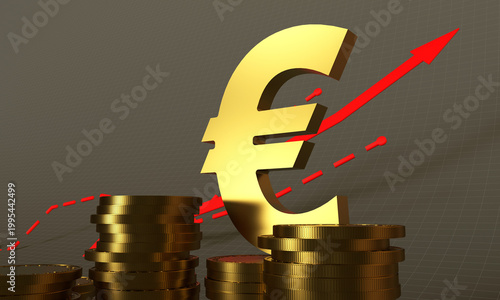 Piles of gold coins and success arrow currency symbols euro