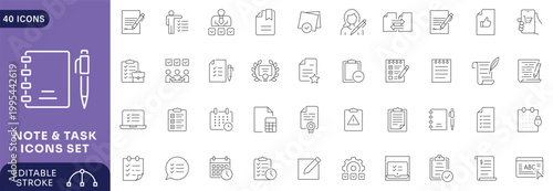 Note & Task icons set. Containing  task, clipboard, cheklist, notes, notebooks . Editable stroke.