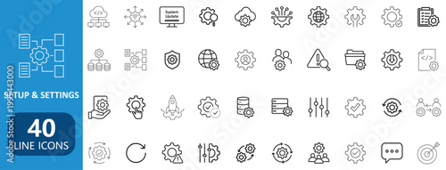 Modern setup and settings line icon collection with gear system configuration symbols