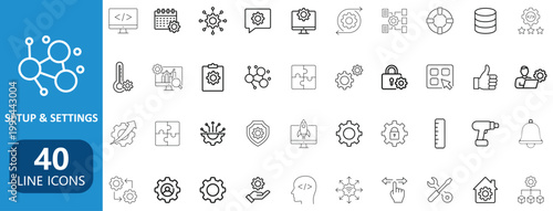 Modern setup and settings line icon collection with gear system configuration symbols