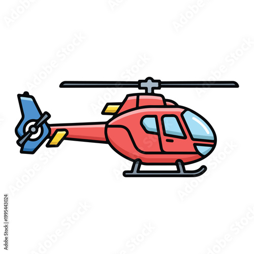 Red helicopter with blue tail rotor and yellow accents flying solo
