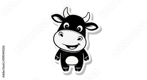 Cute cartoon black cow illustration, funny farm animal sticker, isolated on white background
