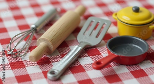 Miniature Toy Kitchen Utensils on Red and White Checkered Tablecloth