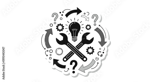 Creative Problem Solving: Lightbulb, Wrench, Gears, Arrows, Questions - Solution Process