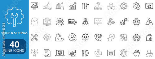 Modern setup and settings line icon collection with gear system configuration symbols