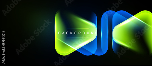 Abstract neon shapes overlap, creating vibrant glow. Dark background emphasizes bright colors, modern design element.