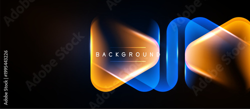 Abstract neon shapes overlap, creating dynamic visual effect. Bright orange, blue hues dominate dark background. Text reads background.