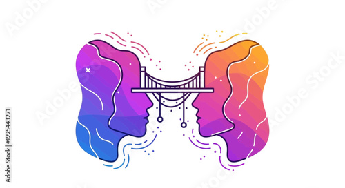 Bridge connecting two abstract human profiles, representing communication, connection, and understanding