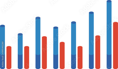 Seven pairs of zig zag cylindrical bar graphs vector illustration representing weekly infographic reports on sales, profit, and business growth, dynamic data visualization, modern corporate analytics 