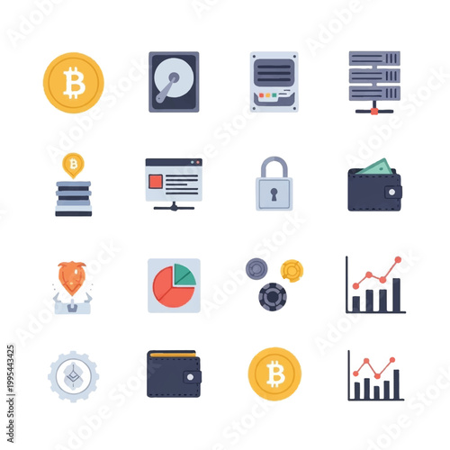Digital currency and technology icons set.