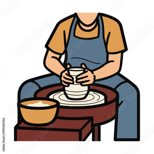 Person working on pottery wheel with clay vessel and bowl nearby