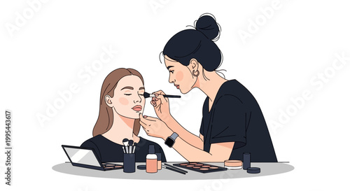 Professional makeup artist applying cosmetics to a young woman's face, beauty and style