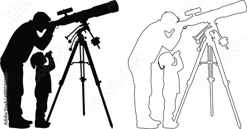 Adult and child using telescope for stargazing together outdoors